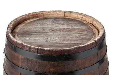 Wooden barrel with iron rings. Isolated on white background.