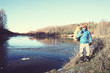 © kichigin19 - adventure winter trekking / man against the backdrop of a beautiful winter landscape, hike in winter Europe. Nature freedom concept