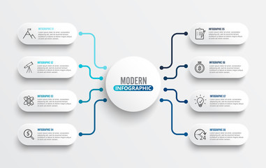 Poster - Vector infographic template with 3D paper label, integrated circles. Business concept with 8 options. For content, diagram, flowchart, steps, parts, timeline infographics, workflow, chart.