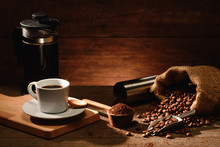 A Shot Of Espresso With Roasted Coffee Bean And French Press Coffee Pot