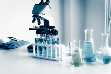 Microscope and Chemical Instrument Tools in Laboratory Room, Science Research Analyzing Equipment Microscopically for Chemistry, Medicine and Biochemistry in Testing Lab. Education and Medical Concept