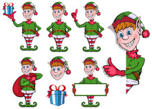 Christmas Elf. Set Of Different Elves For Christmas. Different New Year Characters. Santa Claus Helpers. New Year Characters In The Form Of Christmas Elf. Merry Xmas Design Element.
