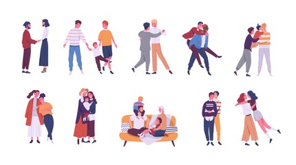 Collection of LGBT or queer couples and families with children. Bundle of male, female and transgender romantic partners isolated on white background. Vector illustration in flat cartoon style.