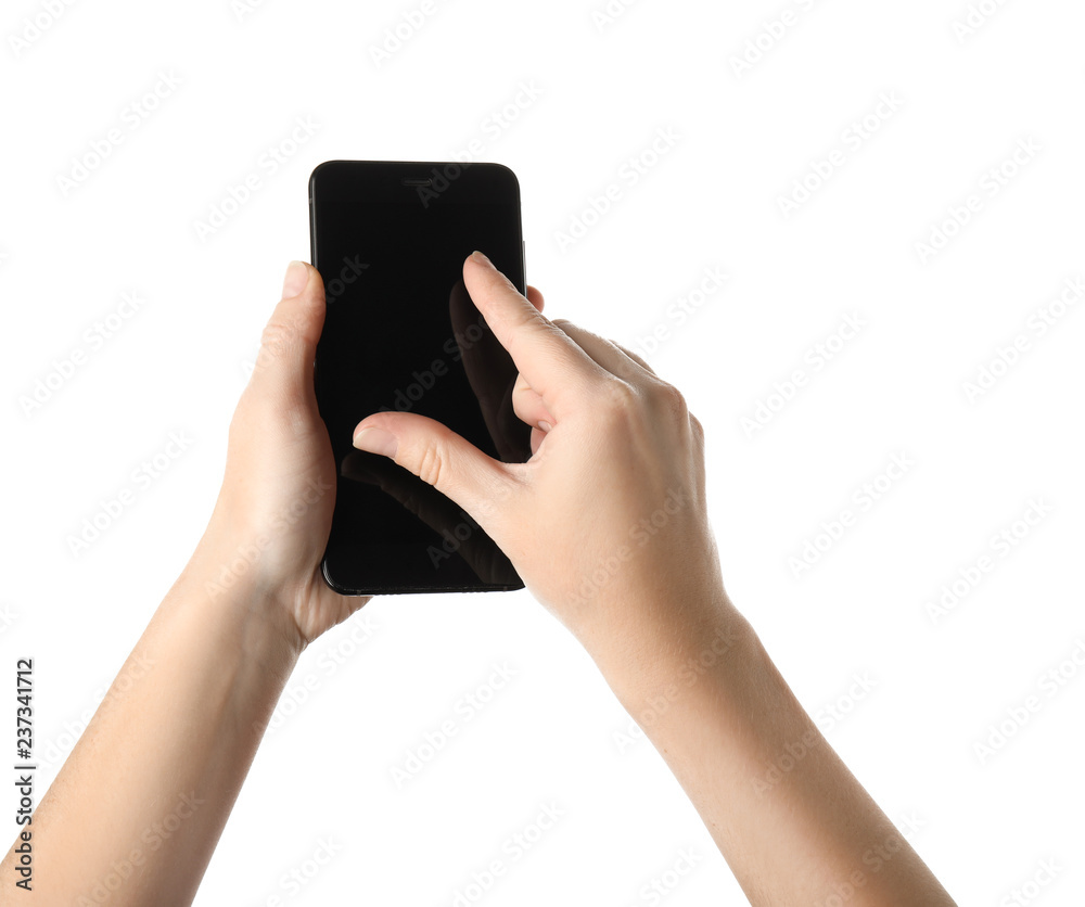 Young woman using mobile phone on white background