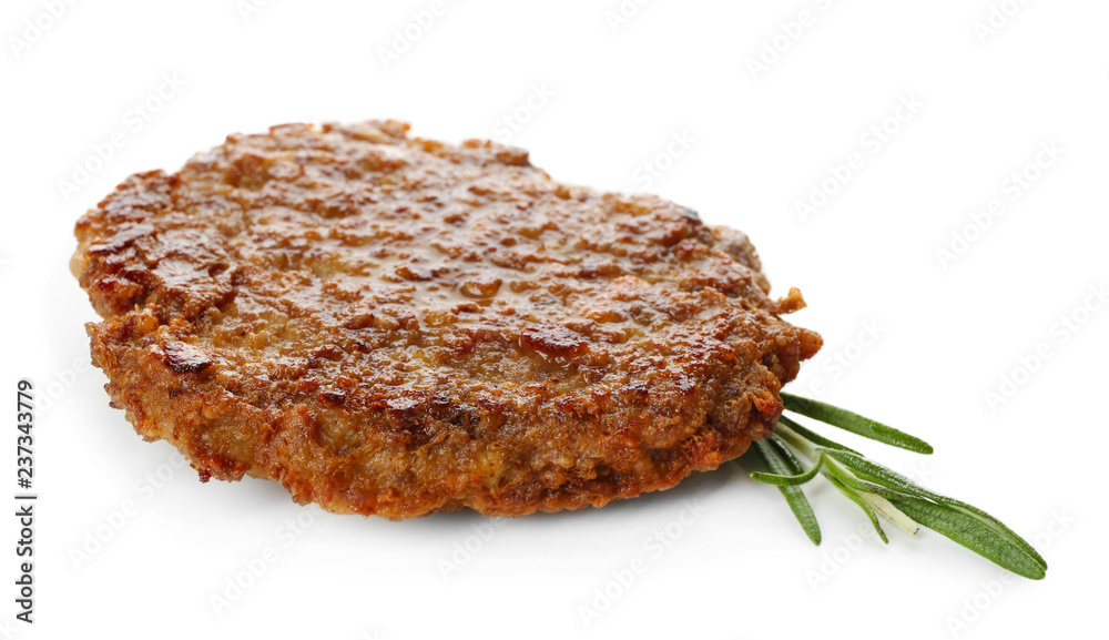 Burger patty with rosemary on white background