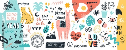 Fotomural Collection of handwritten slogans or phrases and decorative design elements hand drawn in trendy doodle style - animals, plants, symbols