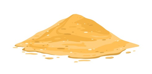 Heap of sand isolated on white background. Sandy dune in desert or at beach, construction or manufacturing material. Decorative design element. Colorful vector illustration in flat cartoon style.