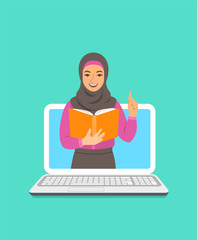 Fototapete - Online education concept. Young arab woman teacher holds open book and lifts a finger up to share knowledge. Cartoon vector illustration. Distance learning by computer. Virtual library on internet