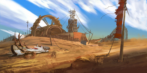 Abandoned Factory. Abandoned Mine Pit. Fiction Backdrop. Concept Art. Realistic Illustration. Video Game Digital CG Artwork. Nature Scenery.
