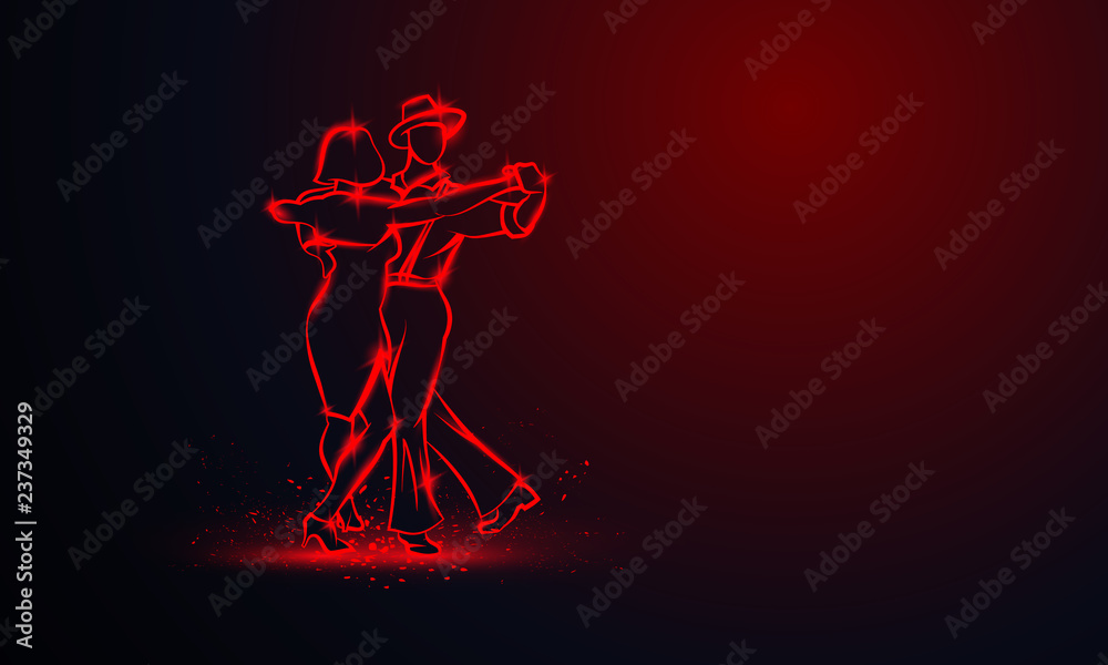 Couple dancing foxtrot. Vector red neon banner with copy space. - obrazy, fototapety, plakaty 