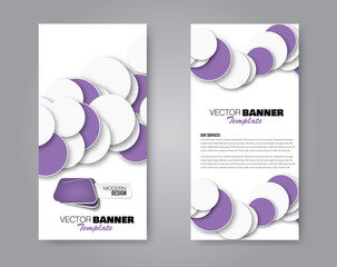 Narrow flyer and leaflet design. Set of two side brochure templates. Vertical banners. Purple colors. Vector illustration mockup.