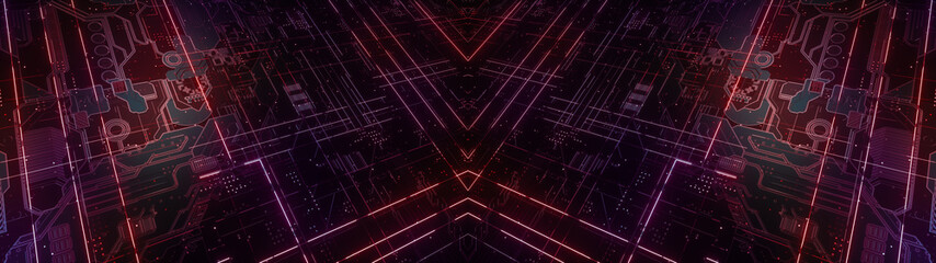 Poster - digital electronic circuit board. abstract ultra wide structure of many glowing lines and geometric 