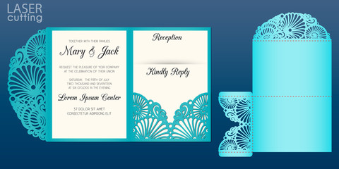 Laser cut wedding invitation card template in marine style, vector. Die cut Tri fold pocket envelope with pattern of seashells. Suitable for greeting cards, invitations, menus.