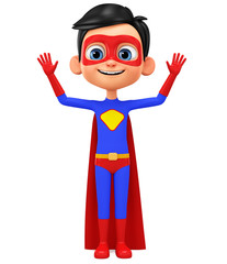 Wall Mural - Cartoon character boy in superhero clothes with his hands up on a white background. 3d rendering. Illustration for advertising.