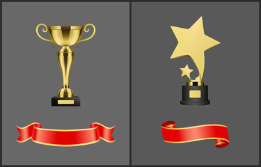 Wall Mural - trophies and red banners set vector illustration