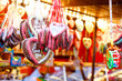 Gingerbread Hearts at German Christmas Market. Nuremberg, Munich, Berlin, Hamburg xmas market in Germany. On traditional ginger bread cookies written I love you called Lebkuchen in German