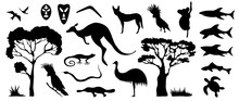 Set Of Australian Animals And Birds Silhouettes. The Nature Of Australia. Isolated On White Background. Black Silhouette Of Trees, Kangaroo, Masks, Sharks, Boomerang. Hand Drawn. Vector Illustration.