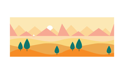 Wall Mural - Beautiful nature landscape with sea and mountains at sunset vector Illustration