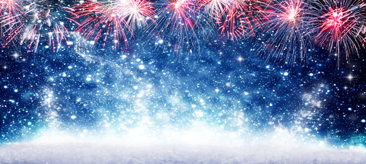 Wall Mural - Fireworks, blue background New Year's Eve, banner New Year