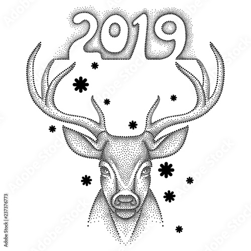 Vector Illustration With Dotted Head Deer With Antlers Number