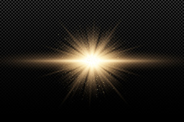 Golden stylish light effect on a dark transparent background. Golden magical rays and flying golden glitters. Bright explosion. Sunlight. Christmas light. Vector illustration