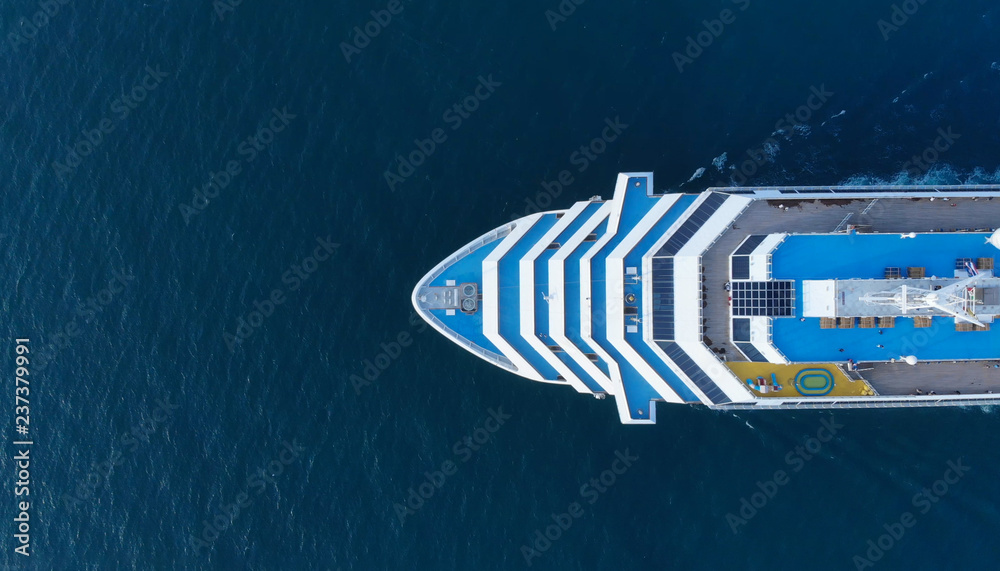 Aerial view of beautiful white cruise ship above luxury cruise concept tourism travel on holiday vacation time. - obrazy, fototapety, plakaty 