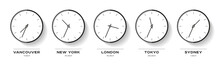 World Time. Simple Clock Icons In Flat Style. Vancouver, New York, London, Tokyo, Sydney. Black Watch On White Background. Business Illustration For You Presentation. Vector Design Objects.