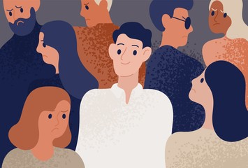 Happy and satisfied young man surrounded by depressed, unhappy, sad and angry people. Smiling person in crowd. Funny cheerful guy and society. Colorful vector illustration in flat cartoon style.