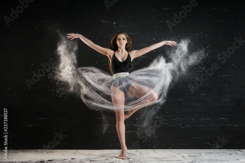 Fotografie, Obraz beautiful slender girl with long hair dancing in a dark Studio in a cloud of dus