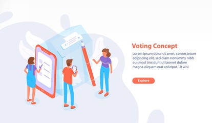 Aufkleber - Web page, website or banner template with people standing beside giant ballot box at polling station and voting or taking part in election process. Modern colorful isometric vector illustration.