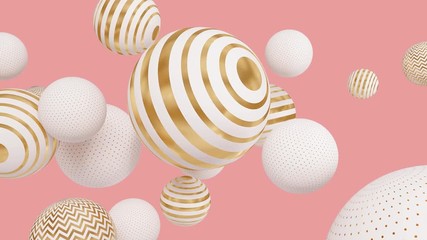 Wall Mural - flying white spheres with golden lines on a pink background. abstract background with 3d geometric s
