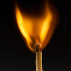 Burning wooden match with a red match head on a black background.