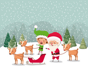 Wall Mural - santa and helper with carriage snowscape