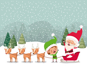 Wall Mural - santa and helper with carriage snowscape