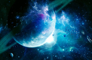 Poster - artistic abstract cyan saturn's kind of planet in a smooth galaxy background