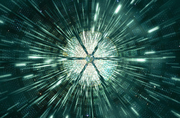 Poster - Abstract Modern Digital Round Sliced Shape Artwork In A Speeding Beams Of Light Background