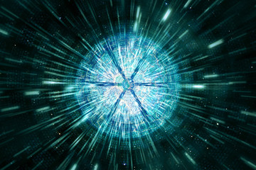 Poster - Abstract Modern Digital Round Sliced Shape About To Explode Artwork In A Speeding Beams Of Light Background