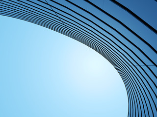 Aufkleber - 3D stimulate of high rise curve glass building and dark steel window system on blue clear sky background,Business concept of future architecture,lookup to the angle of the corner building.