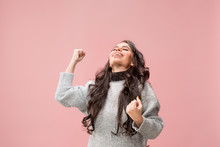 I Won. Winning Success Happy Woman Celebrating Being A Winner. Dynamic Image Of Caucasian Female Model On Pink Studio Background. Victory, Delight Concept. Human Facial Emotions Concept. Trendy Colors