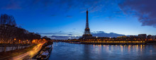 Eiffel Tower And  Seine River Banks In Early Morning Light. Panoramic View In Paris, France