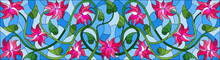 Illustration In Stained Glass Style With Intertwined Pink Flowers And Leaves On Blue Background, Horizontal Orientation