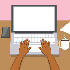 Black woman hands writing working on laptop with coffee cup and smartphone on table