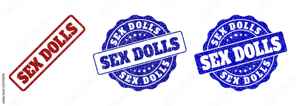 Vektor SEX DOLLS grunge stamp seals in red and blue colors. Vector SEX DOLLS  marks with dirty effect. Graphic elements are rounded rectangles, rosettes,  circles and text captions. ve slub Stock |