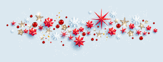 Wall Mural - Web Banner Social Media template. Winter decoration with snowflakes, stars and balls festive luxury background