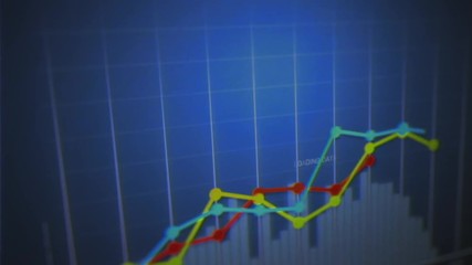 Poster - 4k Business Growth And Success Arrow Infographics/ Animation of a business infographics with rising arrow and bar stats appearing, symbolizing growth and success, with glitch and noise digital effects