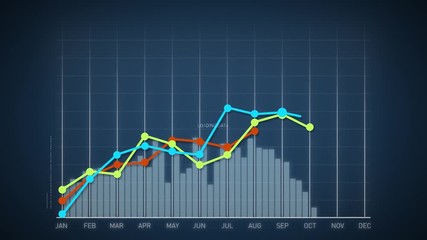 Poster - 4k Business Growth And Success Arrow Infographics/ Animation of a business infographics with rising arrow and bar stats appearing, symbolizing growth and success, with glitch and noise digital effects
