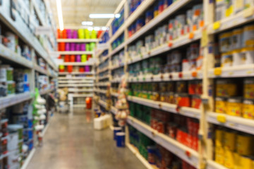 Abstract Blur Defocus Background of varnish and paint Section in Supermarket or Hypermarket Retail Outlet as Modern Lifestyle Shopping Concept with bokeh