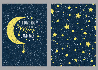 Set of love greeting card sky stars background I love you to the moon and back