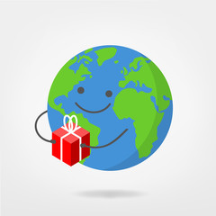 Wall Mural - world illustration holding package / gift - worldwide shipping symbol