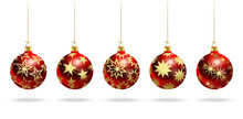 Red Balls With A Pattern Of Gold Stars. New Year. Christmas. Set. Realistic Vector Image.